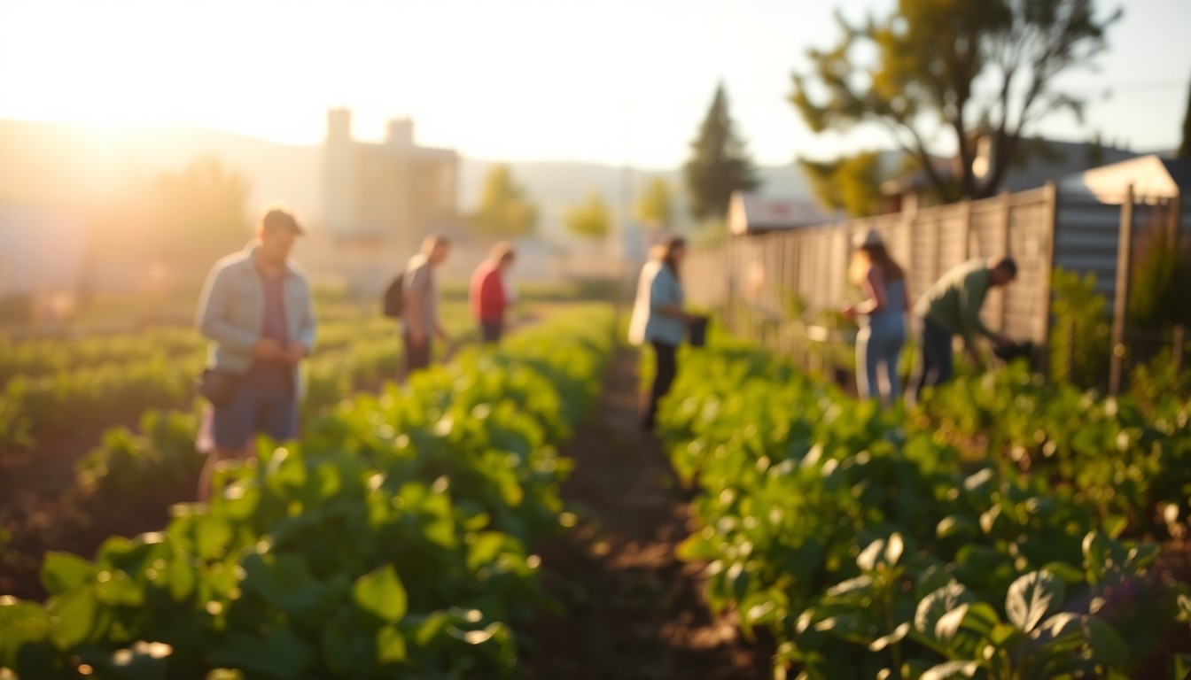 An extremely abstracted, out-of-focus photograph of a lush, verdant community garden, with blurred figures tending to the plants and a warm, golden light filtering through the scene, conveying a sense of community, growth, and food access.
