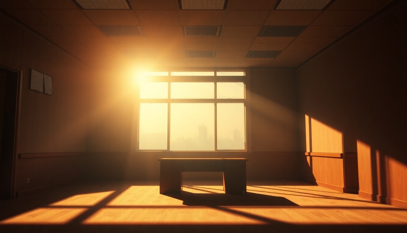 A dimly lit, empty government office space with warm, diagonal sunlight streaming through the windows, creating deep shadows and a sense of melancholy and uncertainty, conceptually representing the growing concerns over impulsive and loyalty-driven decision-making in American politics.