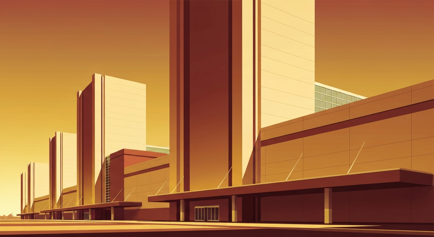 A bold, geometric illustration in warm, earthy tones depicting the sweeping, towering architecture of Destiny USA mall, capturing the grand scale and experience-driven nature of this premier shopping and entertainment destination.