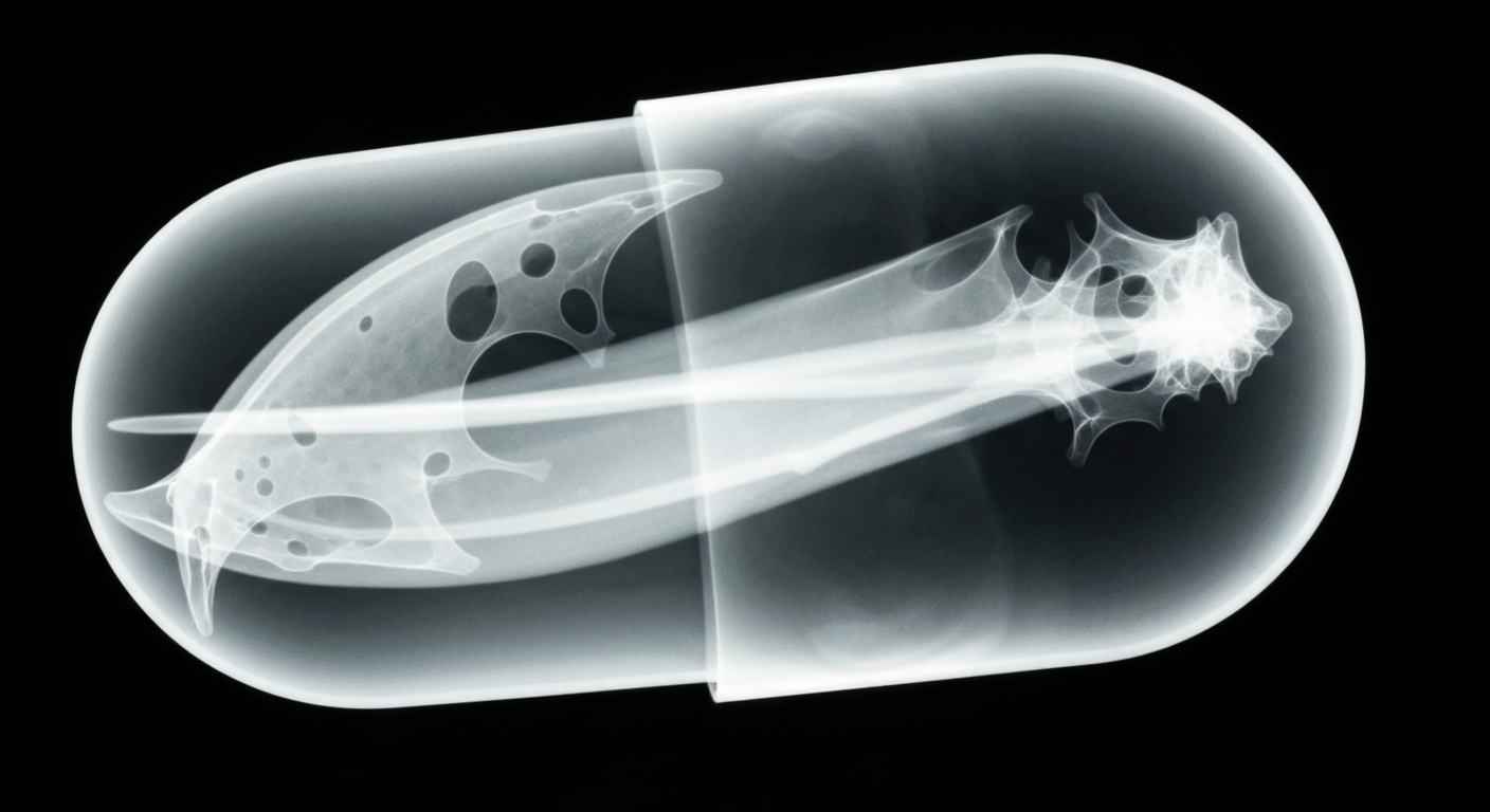 A translucent, ghostly X-ray photograph of a compounded medication capsule, its internal structure glowing against a dark background, hinting at potential quality issues in the pharmaceutical supply chain.