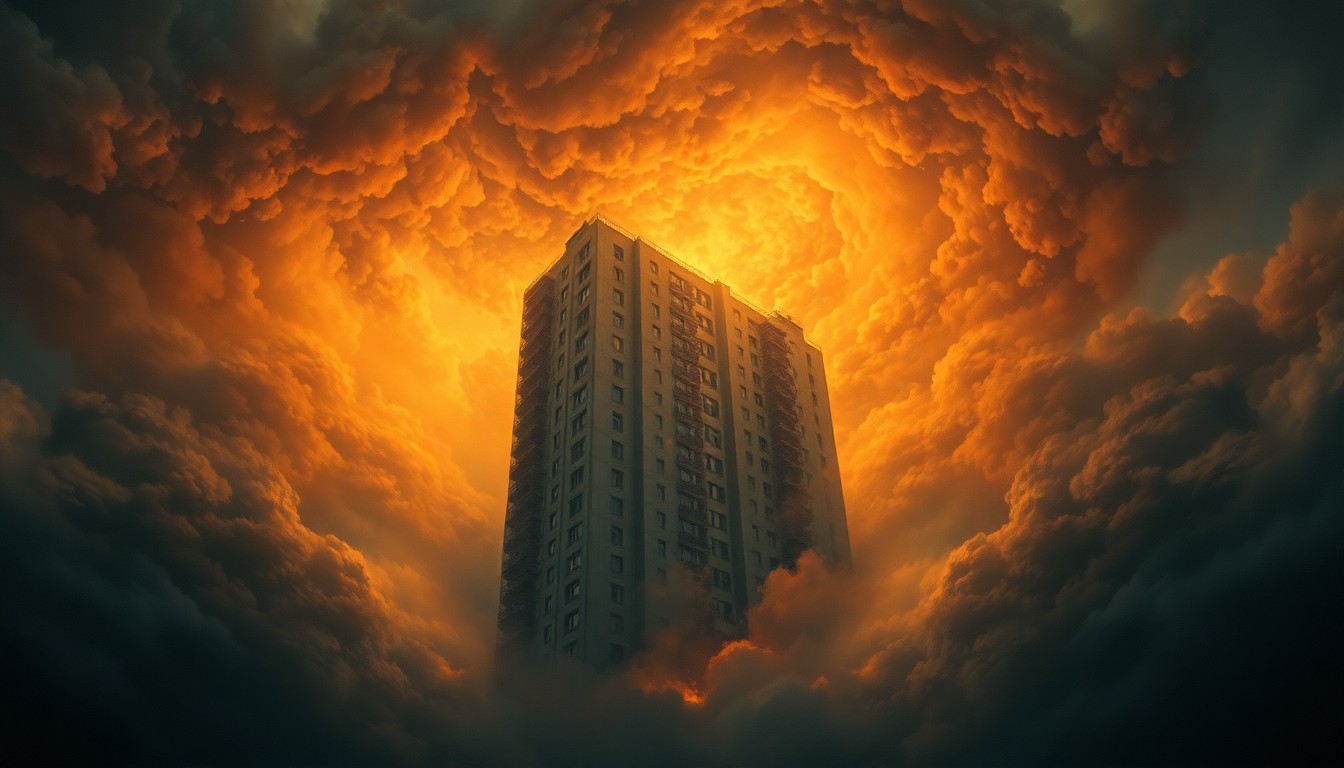 A sweeping, atmospheric landscape painting depicting a large apartment building consumed by a massive plume of dark, swirling smoke and flames, conveying the overwhelming power and destruction of the natural disaster.