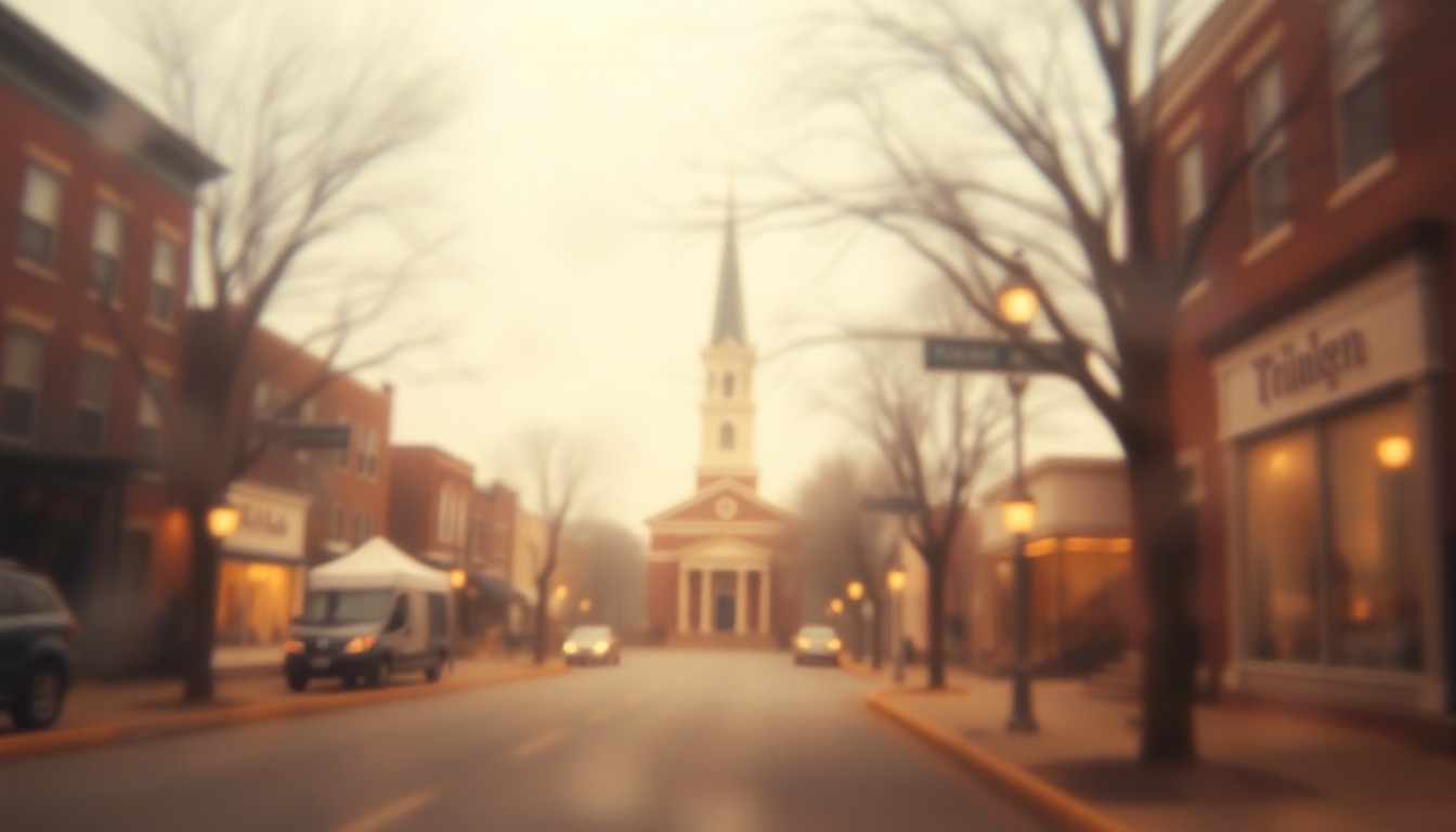 An impressionistic, out-of-focus photograph in warm tones depicting the hazy silhouette of a small-town main street, capturing the nostalgic atmosphere of a close-knit community.
