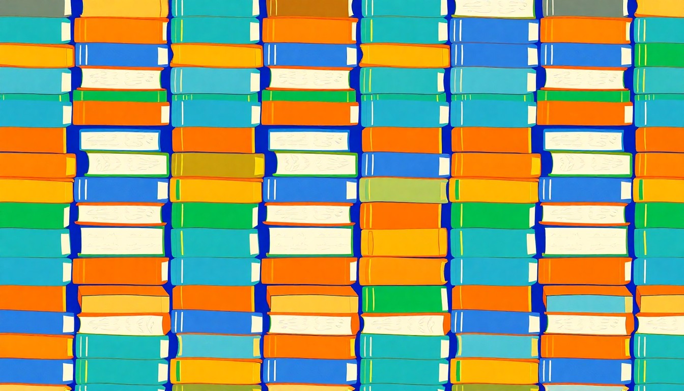A bold, colorful silkscreen-style illustration featuring a repeating grid of stylized textbooks in shades of blue, green, and orange, conceptually representing the diverse education reforms passed in Alabama.