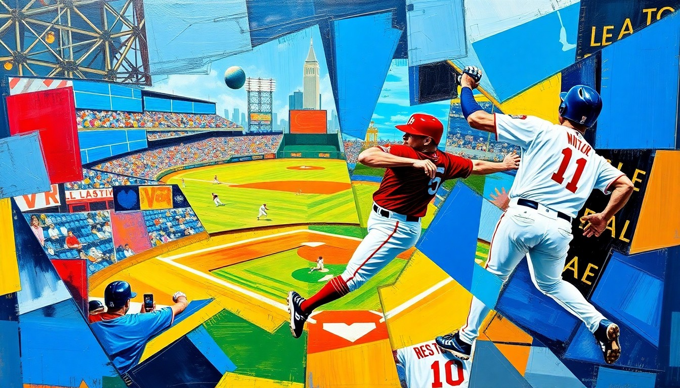 A cubist, geometric painting depicting a baseball player's motion, with sharp, overlapping planes of bright blue, red, and yellow colors, conveying the dynamic energy and challenge of replacing a key offensive player.