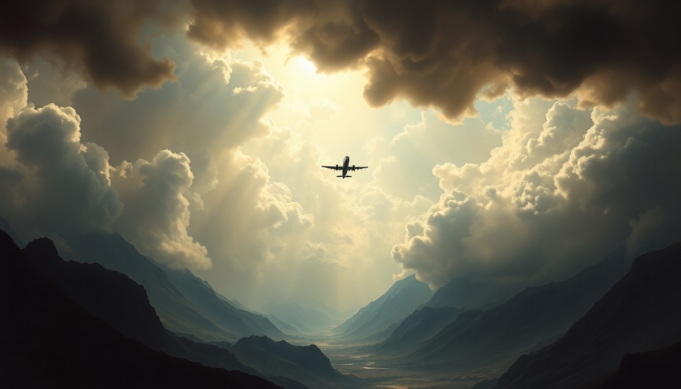 A sweeping, majestic landscape painting in the style of Caspar David Friedrich, with a small plane silhouetted against a stormy, atmospheric sky, dwarfed by the overwhelming scale of the natural world.