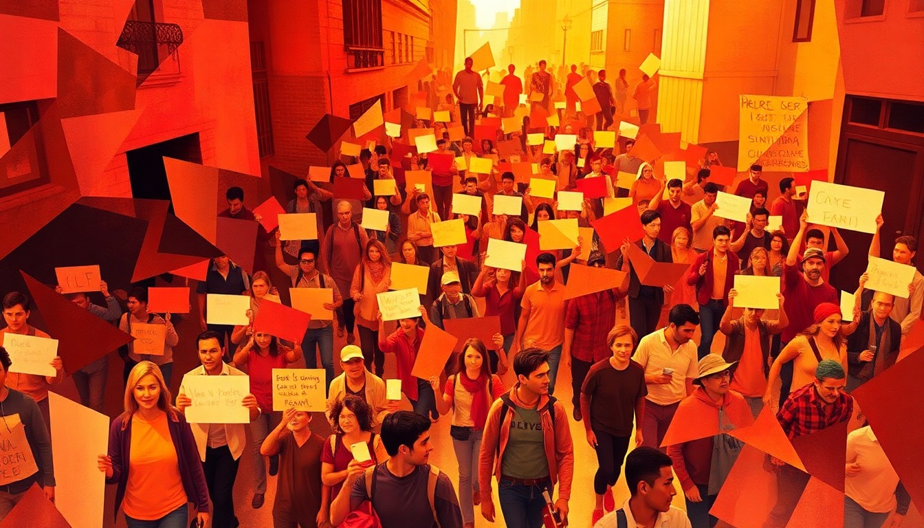 A dynamic, abstract painting of a crowd of protesters marching in the streets, with overlapping geometric shapes and vibrant colors conveying the energy and tension of the unrest.