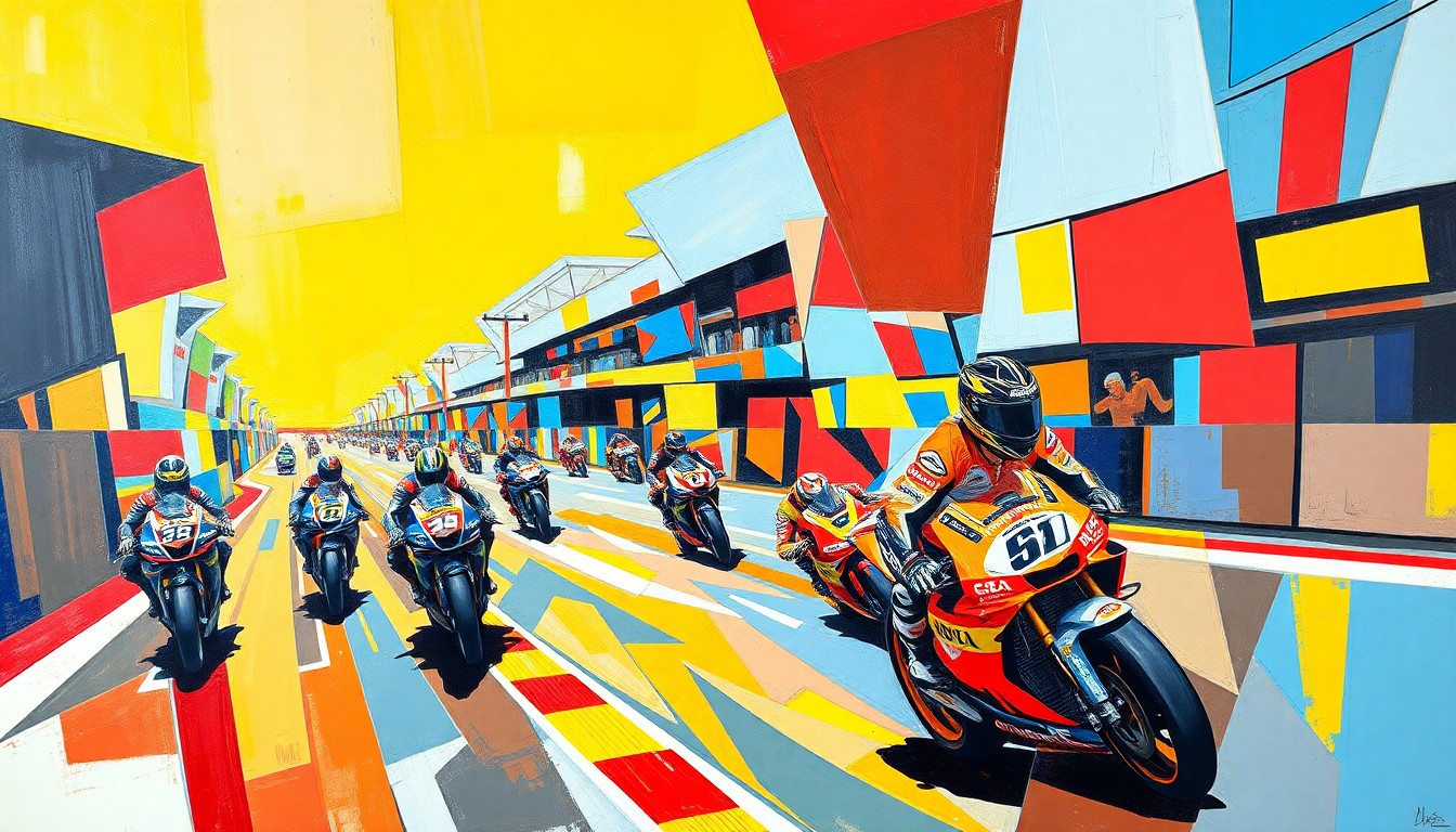 A cubist-style painting depicting a fragmented, geometric interpretation of a MotoGP race scene, with sharp planes of color and overlapping perspectives conveying the unpredictable drama of the sport.