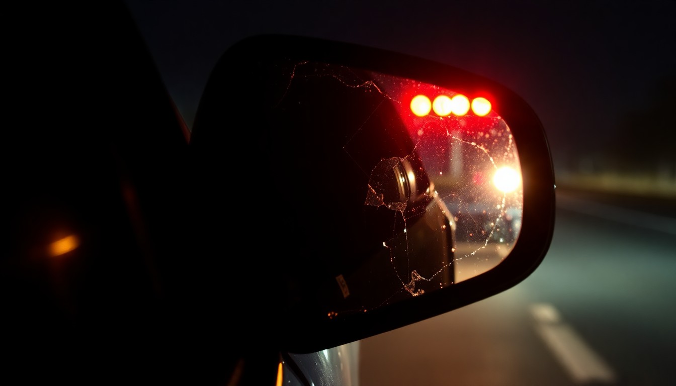 An extreme close-up photograph of a shattered car side mirror reflecting the faint glow of emergency vehicle lights, conceptually illustrating the aftermath of a fatal highway collision.
