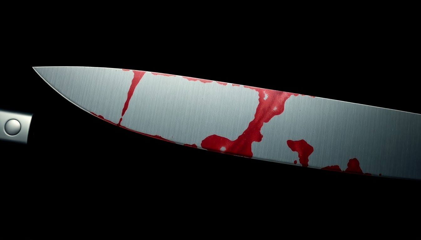An extreme close-up photograph of a bloodied knife blade against a pitch-black background, conveying the gritty, investigative nature of this violent crime incident.