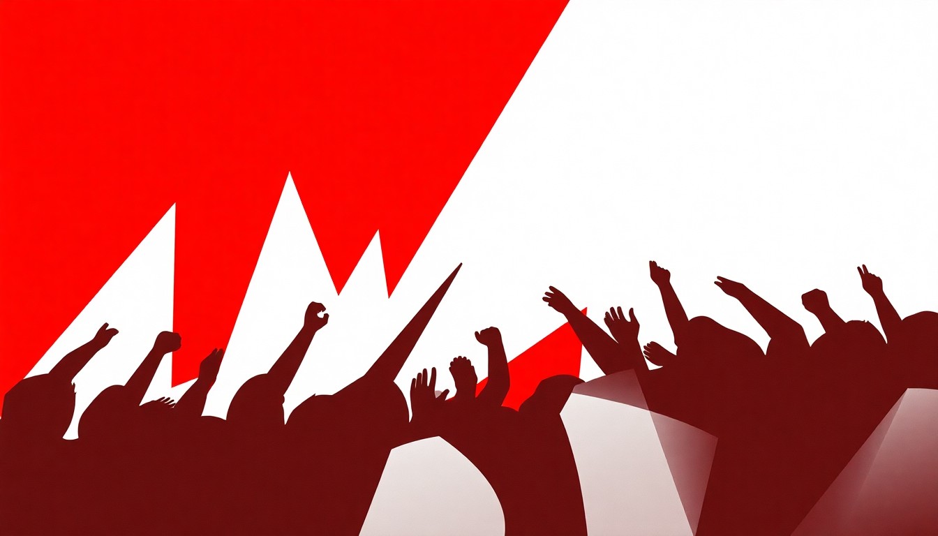 An abstract composition of stark, jagged geometric shapes in high-contrast red and white, conceptually representing the energy and creativity of the early 2000s indie music scene in Brighton.