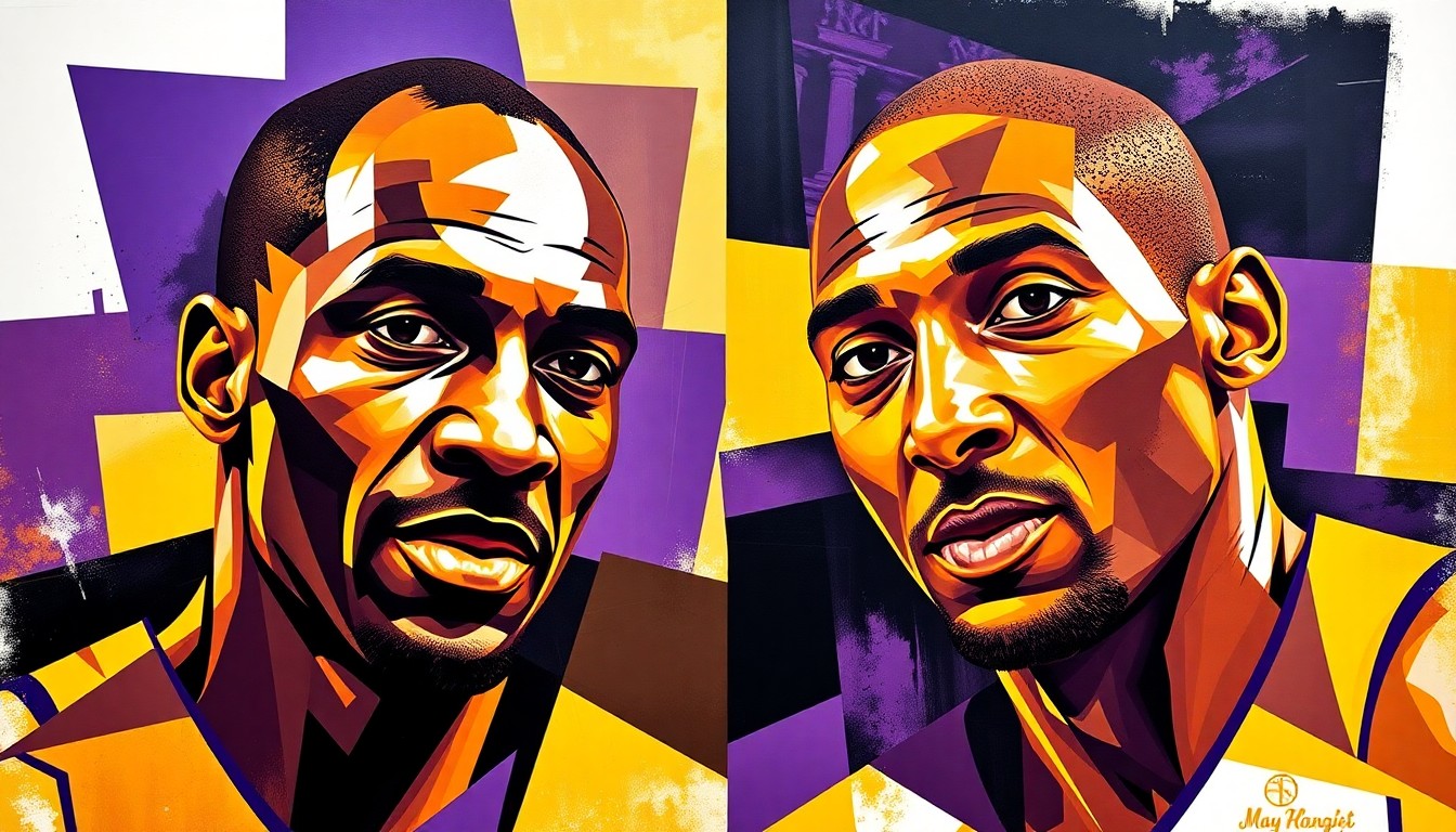 A fractured, multi-perspective painting in the style of Pablo Picasso, breaking down the iconic images of two basketball players into sharp, overlapping geometric planes in a color palette of gold, purple, and black, conceptually representing the shared legacy of Magic Johnson and Kobe Bryant as the eternal kings of Los Angeles basketball.