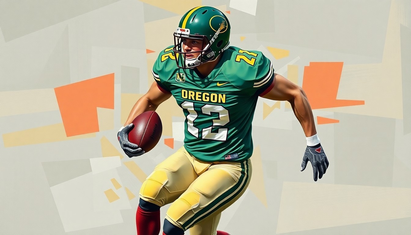A cubist, geometric painting depicting an Oregon Ducks football player in mid-stride, with the player's features and jersey abstracted into sharp, overlapping planes of color.