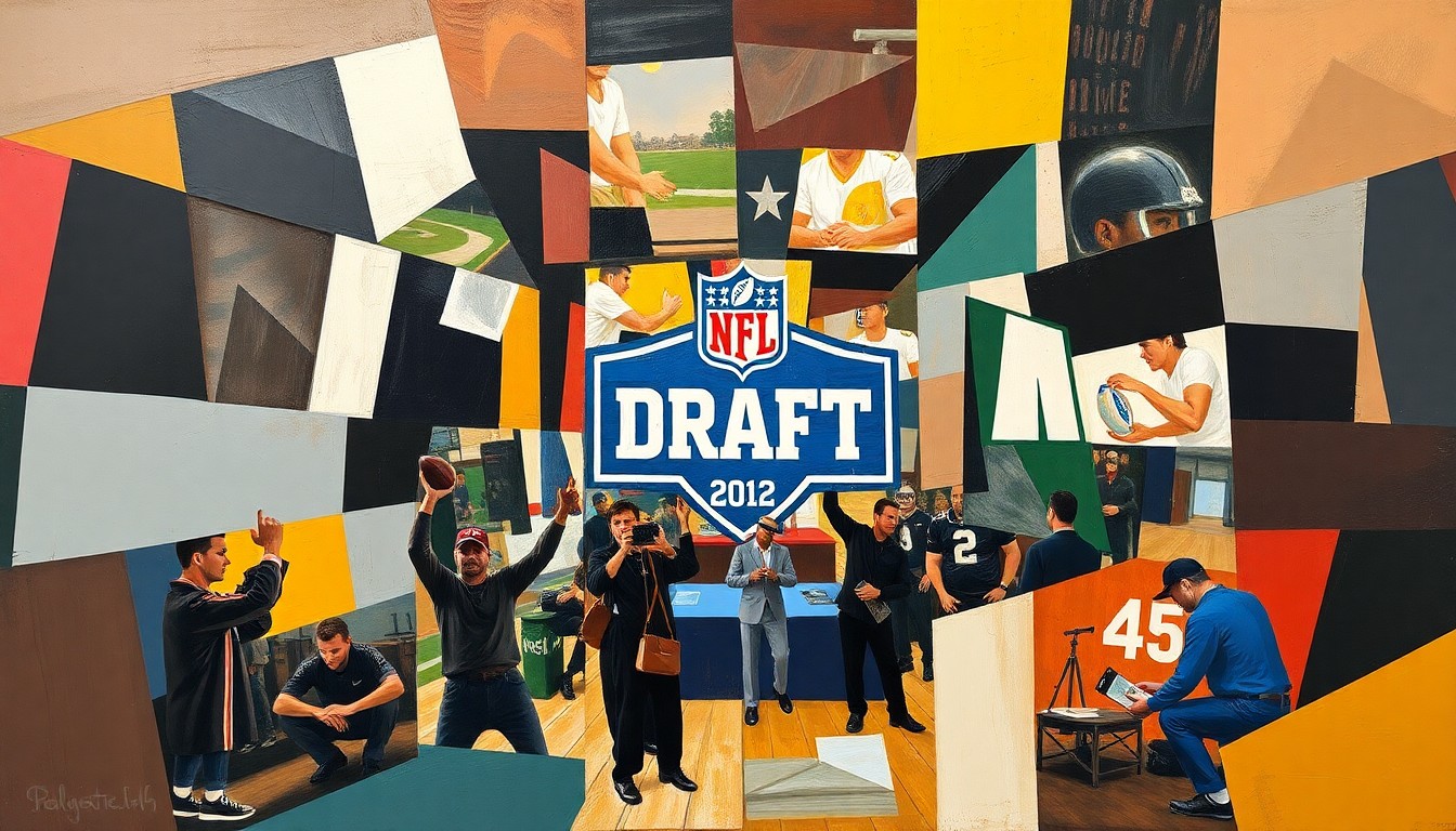 A cubist-style painting depicting an abstract, fragmented scene of an NFL draft, with sharp geometric shapes and planes representing the various elements of the event.