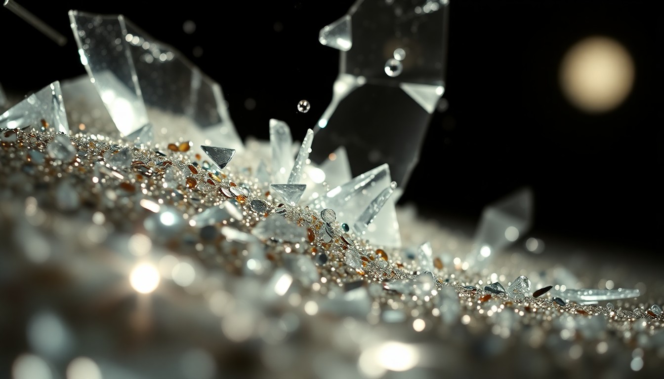 An abstract close-up image of shattered glass and glittering sequins, captured in dramatic, high-contrast studio lighting to evoke the glamour and tension of the Big Little Lies universe.