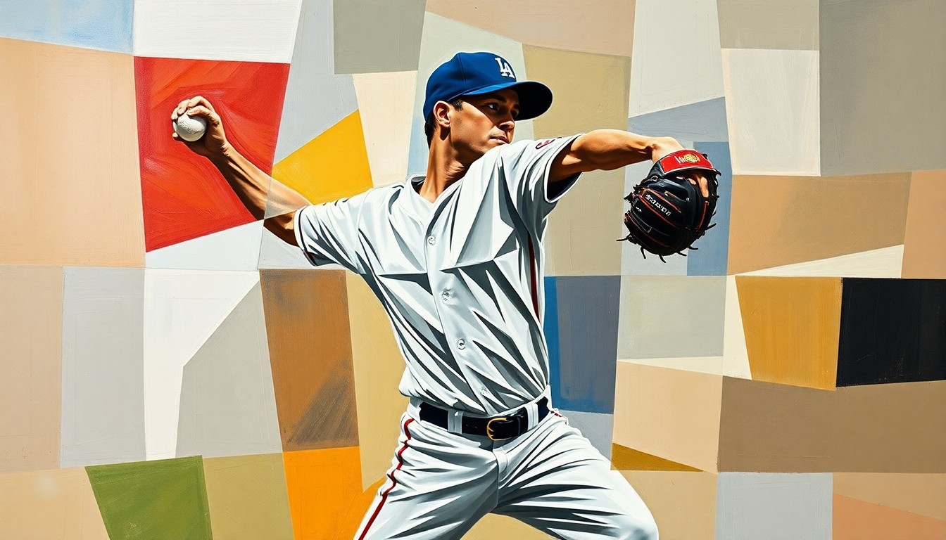 A fragmented, geometric painting depicting a baseball pitcher's wind-up and delivery, with sharp, overlapping planes of color and form conveying the intensity and movement of the moment.