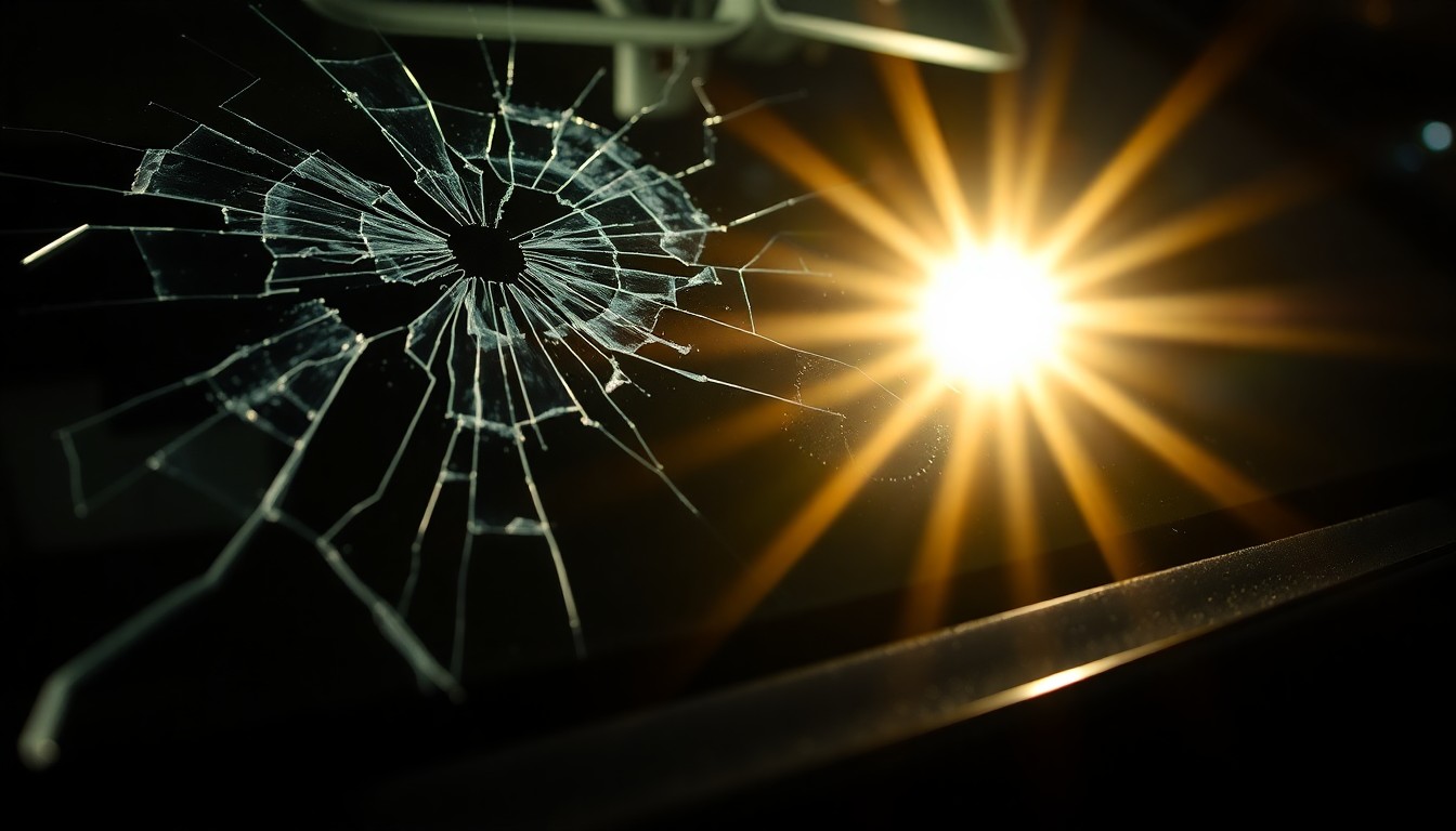 An extreme close-up photograph of a car's cracked windshield reflecting the harsh glare of a camera flash, conceptually representing the aftermath of a drunken driving incident.