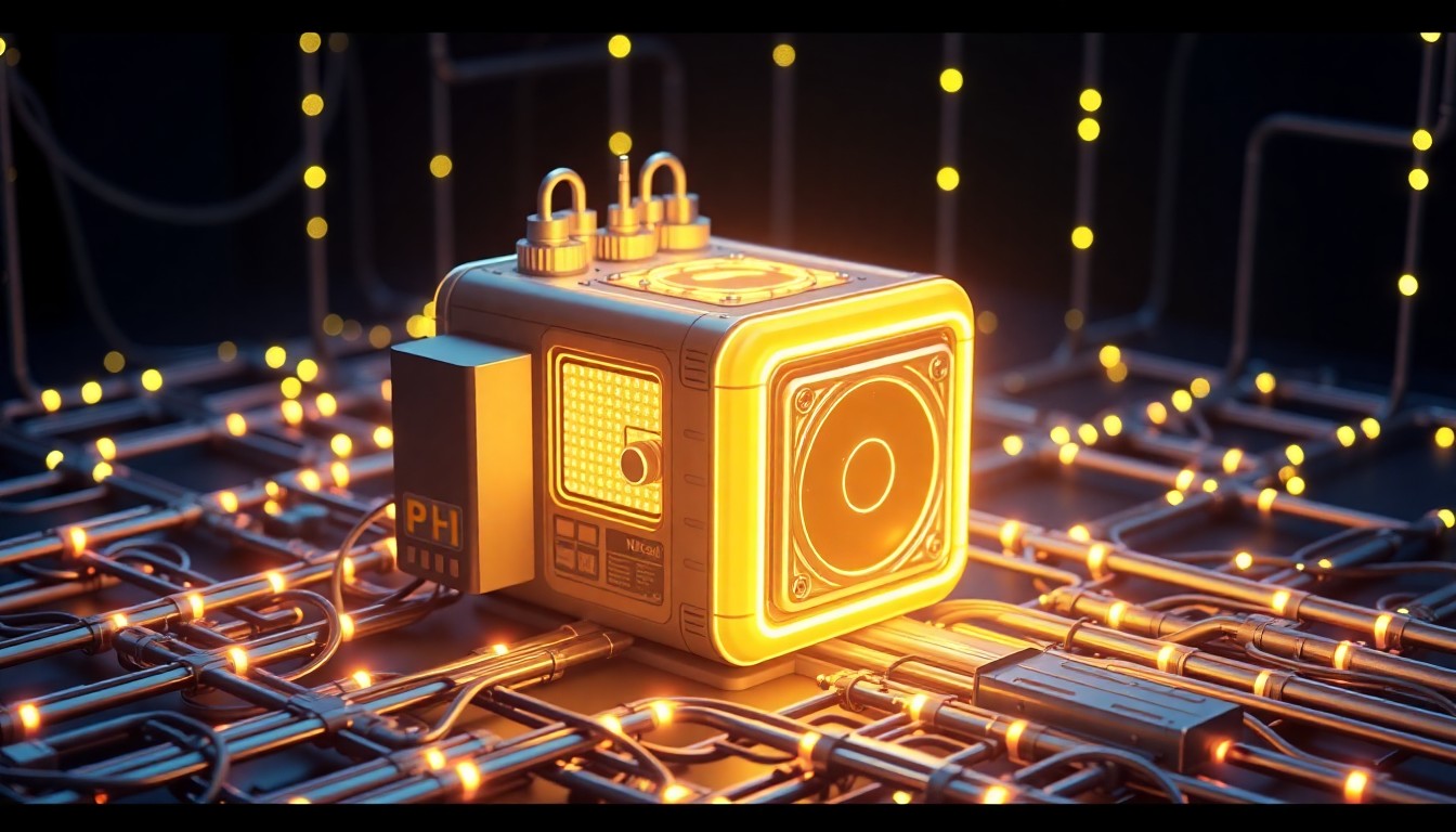 A highly detailed, glowing 3D illustration of a compact, modular nuclear reactor emitting a soft, neon-like glow, surrounded by a complex web of luminous cables and pipes representing the interconnected energy infrastructure that powers AI data centers.