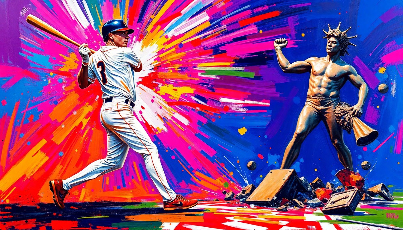 An abstract, expressionist painting in neon colors depicting the shattered remains of a bronze statue of a baseball player swinging a bat, conveying the raw energy and unexpected nature of the incident.