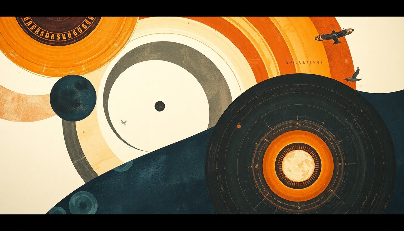 A bold, abstract painting in earthy tones of ochre, terracotta, and deep blue, featuring sweeping geometric arcs, concentric planetary circles, and precise botanical spirals, conceptually representing the complex forces and concepts of space exploration.