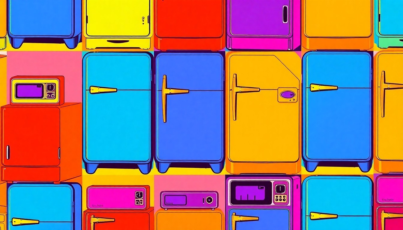 A brightly colored, high-contrast silkscreen print of a vintage kitchen appliance, such as a retro refrigerator or oven, repeated in a tight grid pattern, capturing the timeless elegance and family-centric spirit of this historic home.