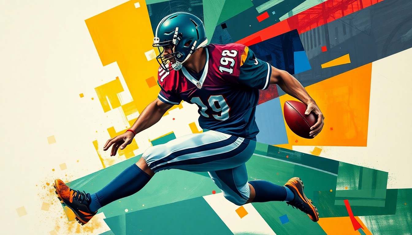 A fragmented, geometric painting depicting a football player in motion, with sharp planes of navy, green, and orange hues creating a dynamic, multi-perspective representation of the sport.