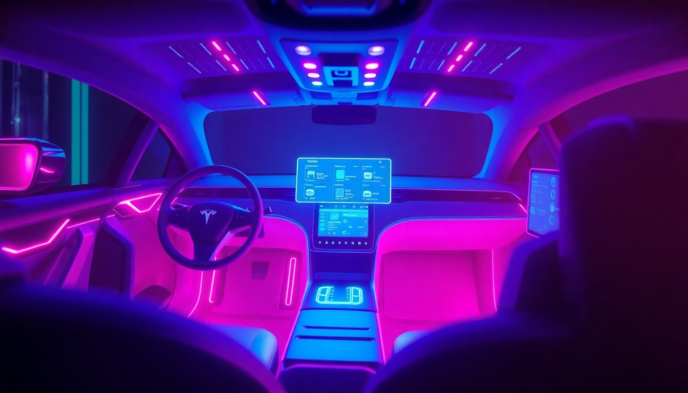 A highly detailed, glowing 3D illustration of a Tesla vehicle's sensor array and internal computer systems, bathed in neon cyan and magenta lights, conceptually representing the advanced technology behind the company's FSD Supervised driver assistance system.