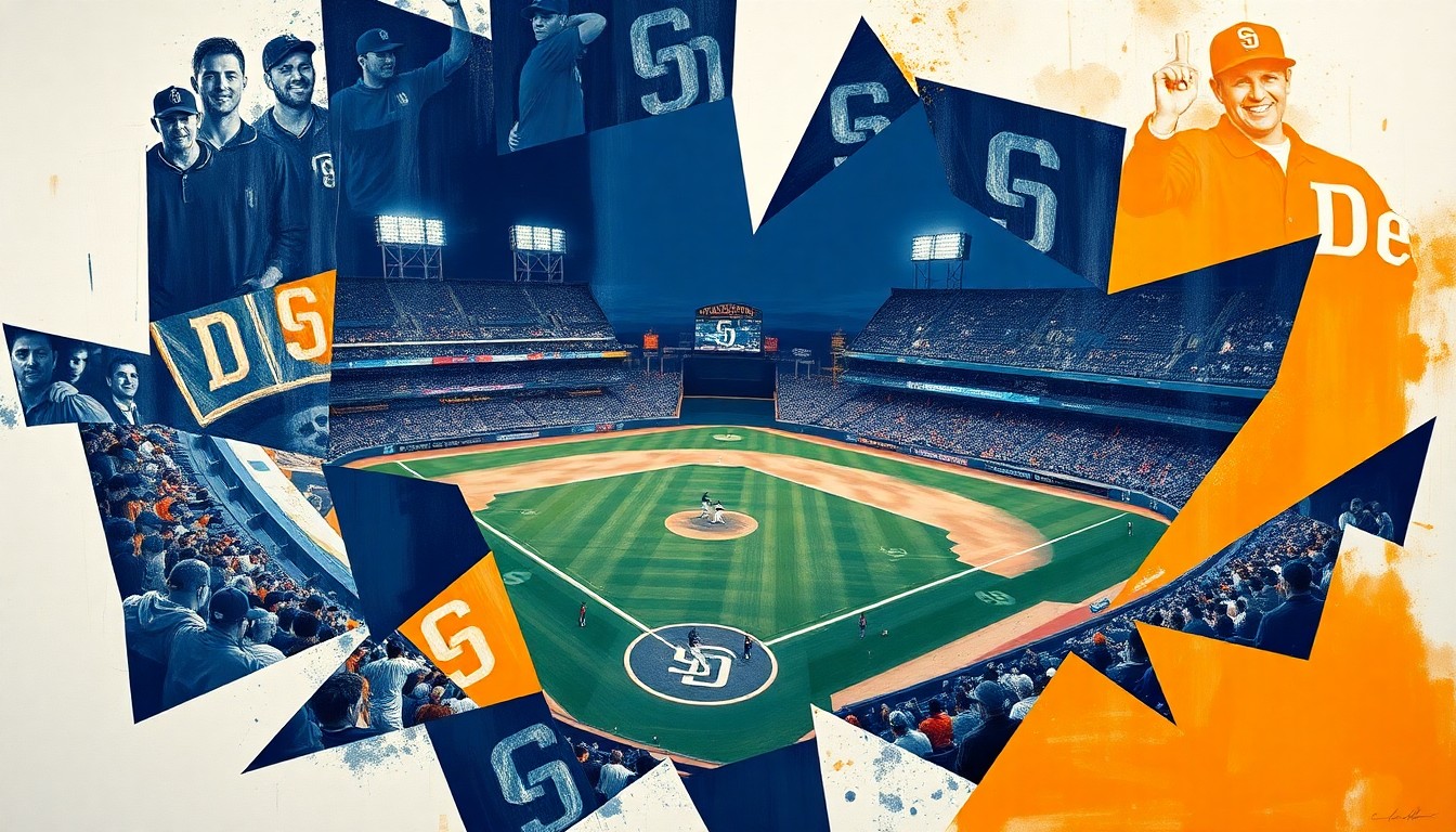 A fractured, geometric painting in navy blue and orange hues, depicting overlapping planes and shapes that abstractly represent a baseball game or match, conveying the tension and competing priorities around managing a veteran superstar player.