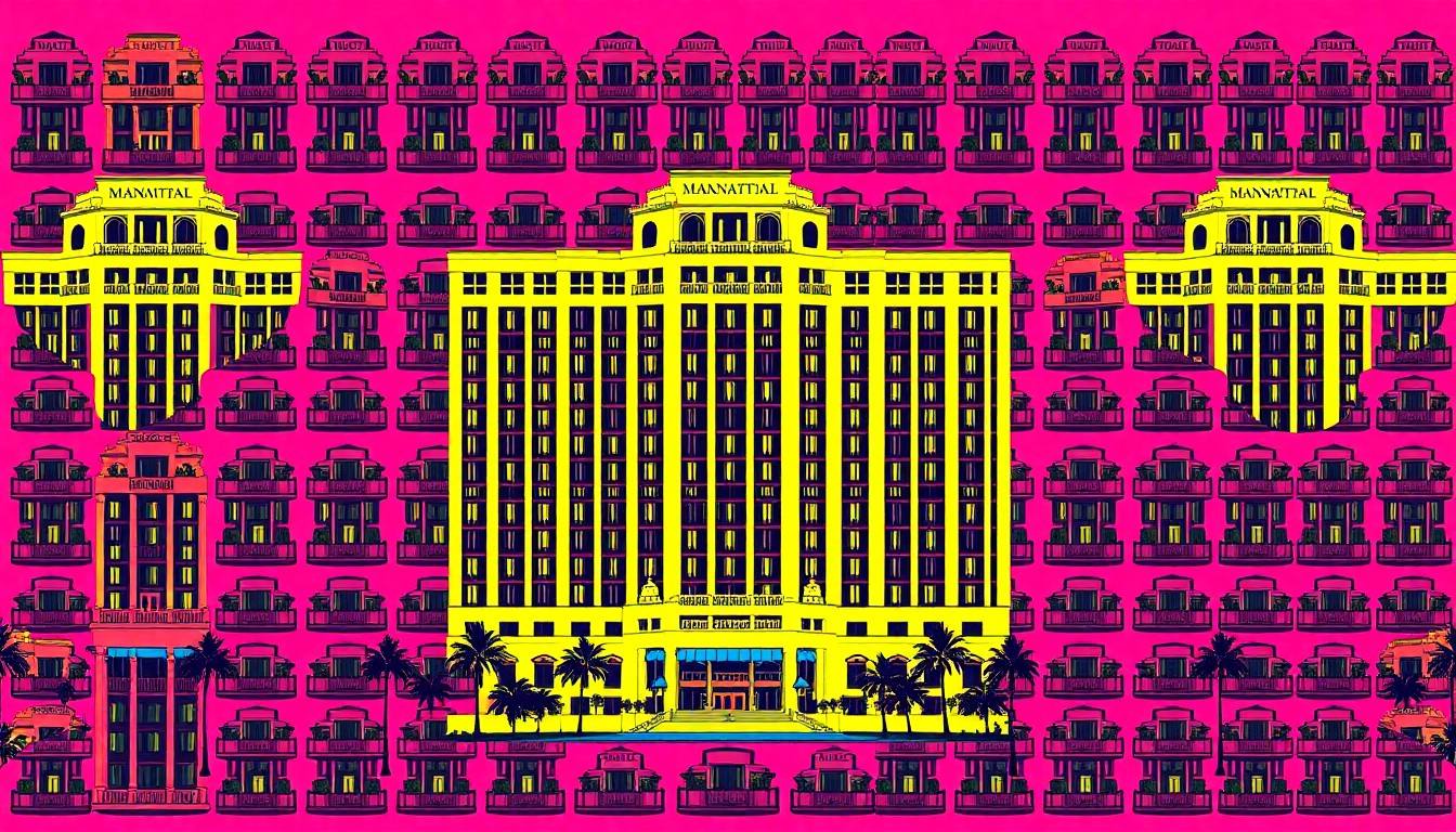 A vibrant, high-contrast silkscreen print featuring a Miami hotel building repeated in a grid pattern, rendered in a bold, pop art style with overlapping neon colors and heavy black outlines, conceptually representing the evolution of Miami's urban landscape.