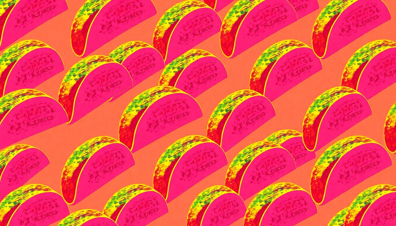 A highly stylized, pop art-inspired illustration featuring a repeating pattern of a single taco shell or taco filling in bright, neon colors with bold black outlines, conceptually representing the rise and fall of a local restaurant's viral popularity.