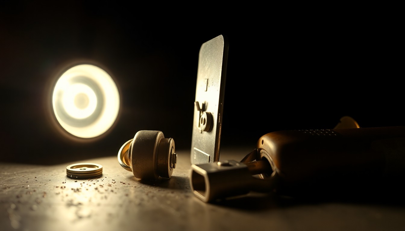 An extreme close-up photograph of a damaged household item, such as a broken lock or damaged kitchen appliance, lit by a harsh, direct camera flash against a pitch-black background, conceptually representing the aftermath of an alleged domestic crime.