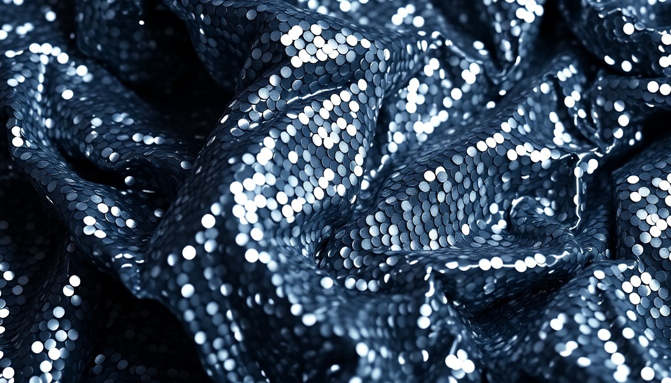 An extreme close-up photograph of crumpled, shimmering silver sequins, capturing the glitz and glamour of reality TV while also evoking a somber, reflective mood through the dramatic, high-contrast lighting and textural details.