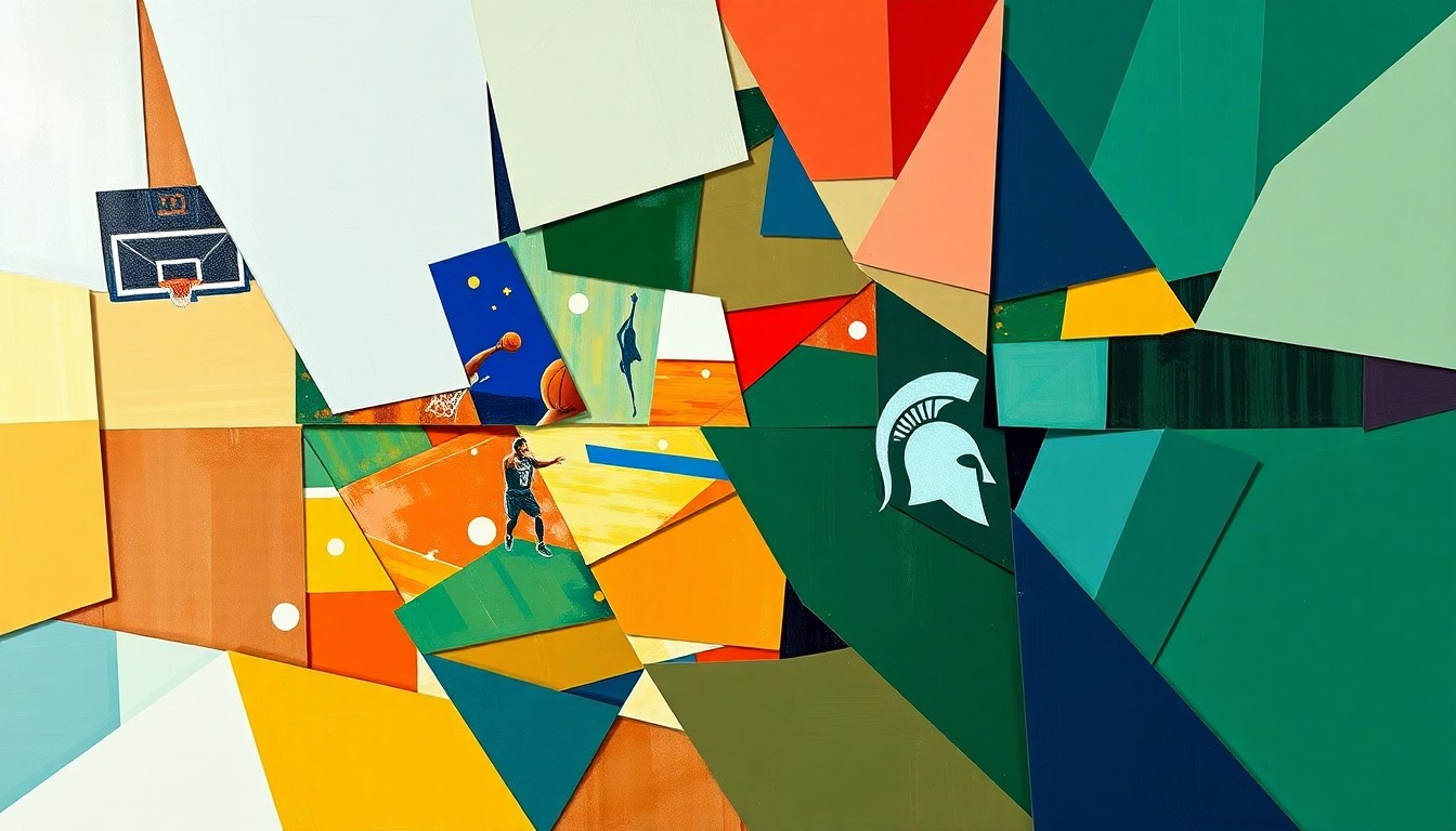 A fragmented, geometric painting depicting the action and energy of a basketball game, with overlapping shapes and planes in the team colors of Michigan State and Charlotte.