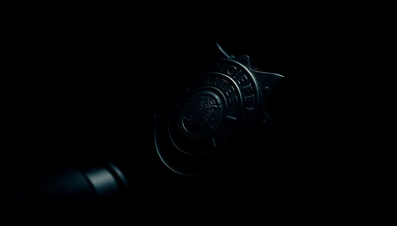 An extreme close-up photograph of a shiny metal police badge reflecting a harsh, direct camera flash, creating a stark, gritty, investigative aesthetic.