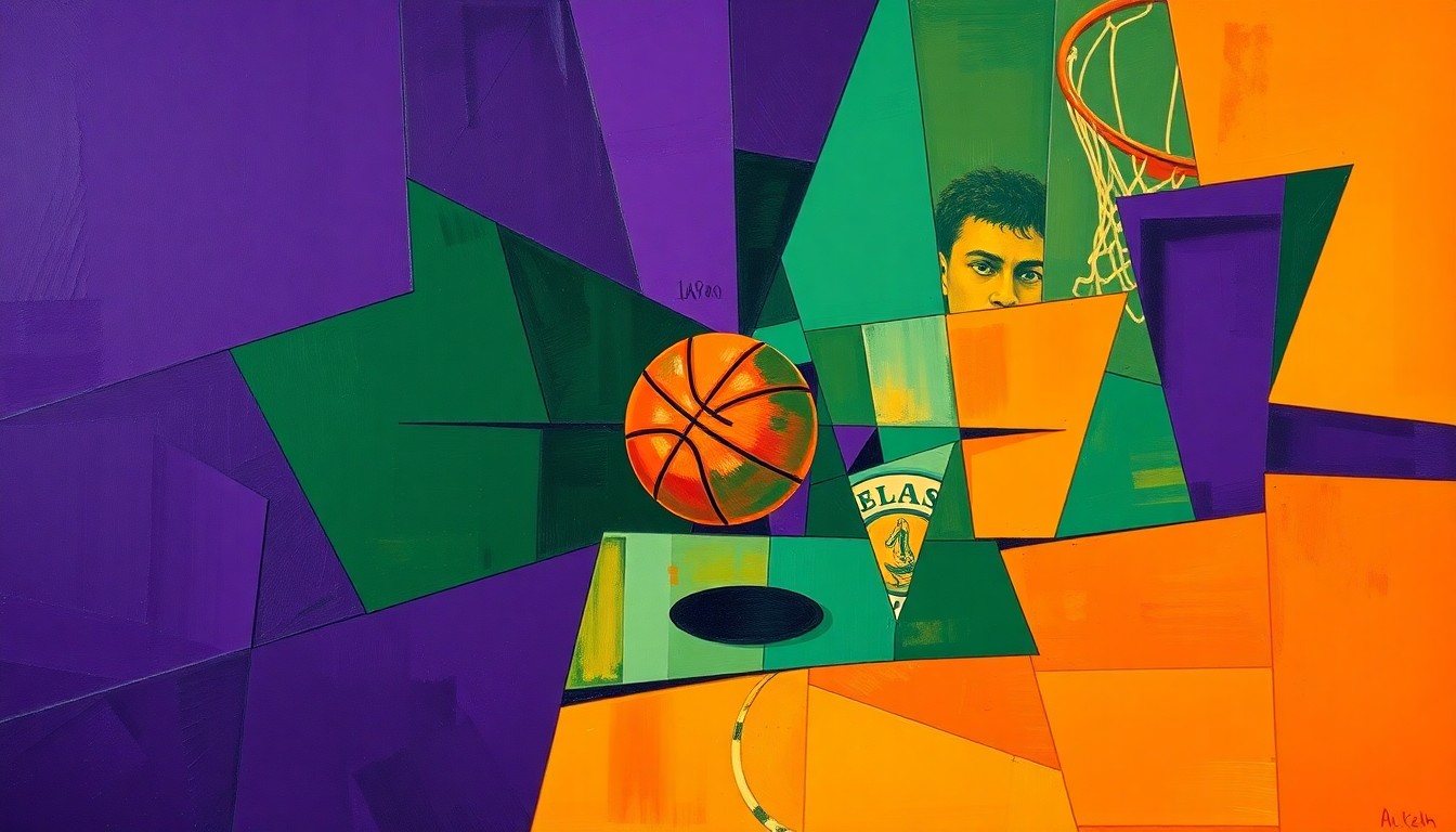 A fragmented, cubist-style painting depicting a basketball game or match, with sharp geometric shapes in deep purple, forest green, and burnt orange overlapping to create a sense of motion and chaos on the court.
