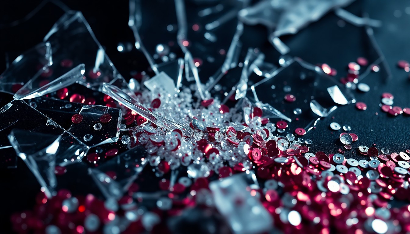 An extreme close-up photograph of shattered glass and glittering sequins, capturing the glamour and rebellious energy of unconventional relationships.
