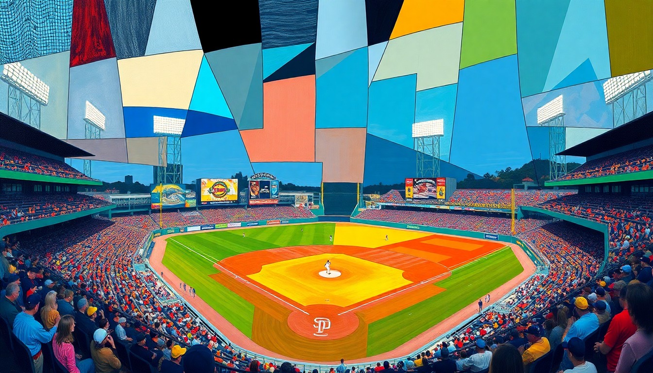 A fractured, cubist-style painting depicting the action and energy of a baseball game at Hodgetown stadium, with the players and field broken down into sharp, overlapping geometric shapes and planes in the Sod Poodles' team colors of blue, red, and white.