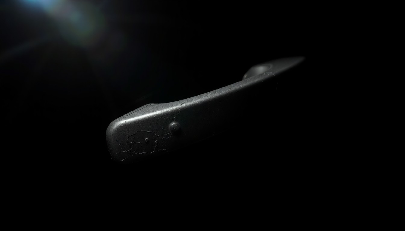 An extreme close-up photograph of a damaged car door handle, lit by a harsh, direct camera flash against a pitch-black background, conveying a sense of the gritty, investigative nature of this incident.