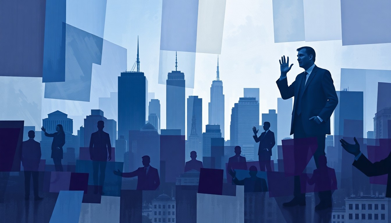 A conceptual abstract painting featuring overlapping, fragmented geometric shapes and silhouettes in shades of blue, grey, and purple, conveying a sense of motion and political tension.