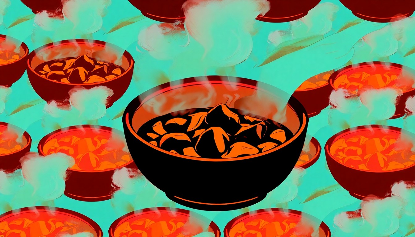 A bold, silkscreen-style illustration of a steaming bowl of gumbo, repeated in a grid pattern with overlapping neon colors and thick black outlines, conceptually representing the expansion of a popular Cajun restaurant concept.
