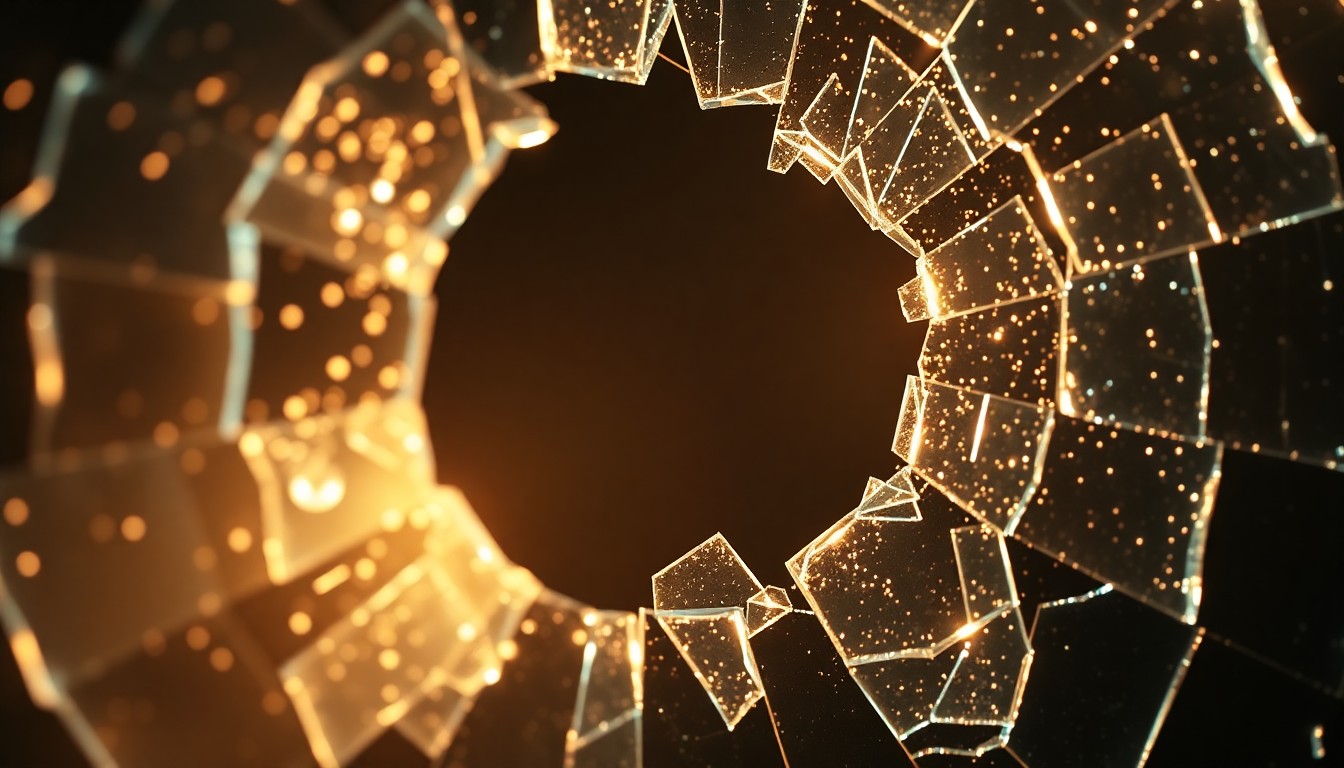 An abstract, high-contrast close-up photograph of a shattered glass surface, reflecting a warm, glowing light and capturing the glamour and prestige of the television industry.