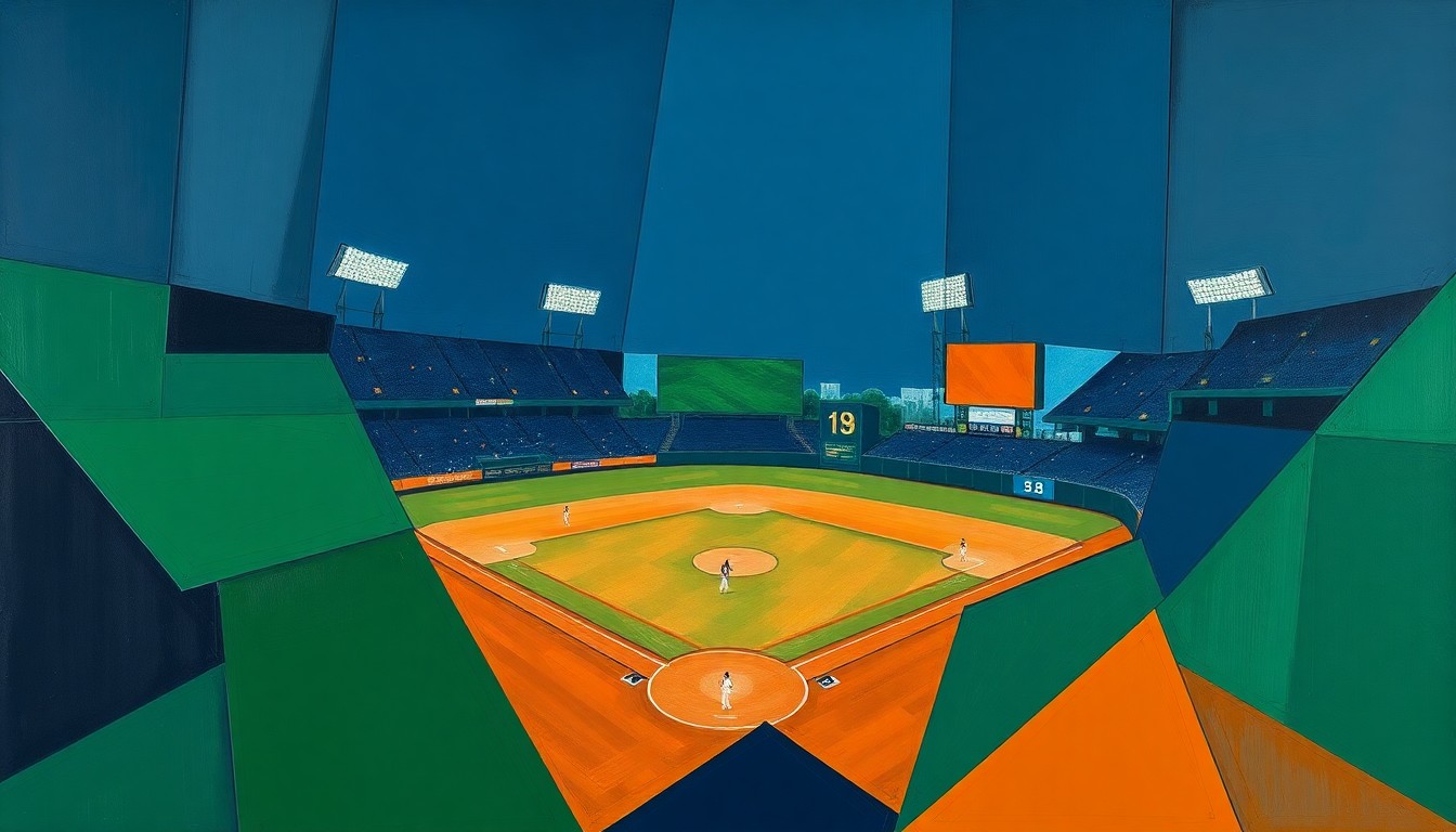 A cubist, geometric painting in navy, green, and orange hues, deconstructing a baseball scene into sharp, overlapping planes to conceptually represent the legacy of catcher Billy Bryan.