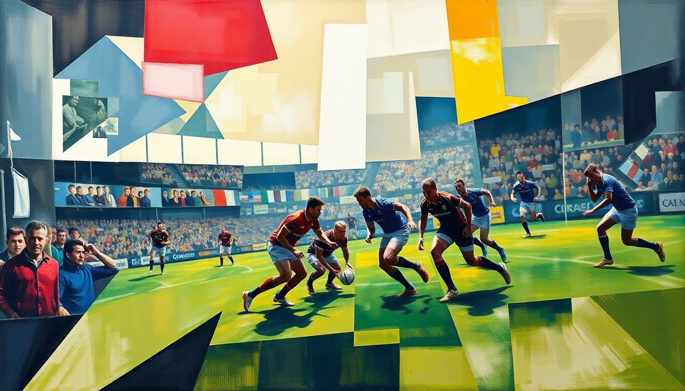 A fragmented, geometric painting depicting a rugby sevens match, with overlapping planes of color and shape representing the players, the ball, and the energy of the game.