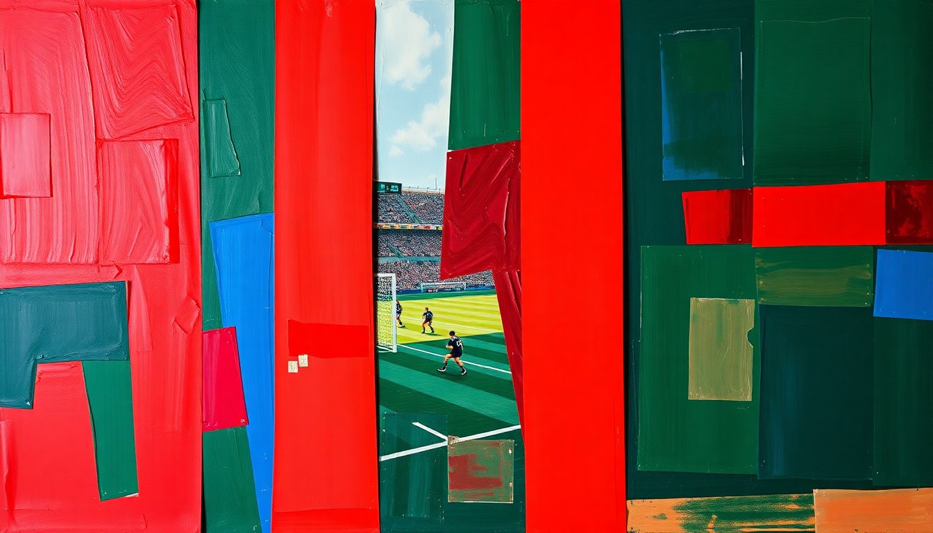 A fractured, multi-perspective painting in bold, geometric shapes and colors, representing the 49ers' strategic offseason moves to strengthen their team without sacrificing future flexibility.