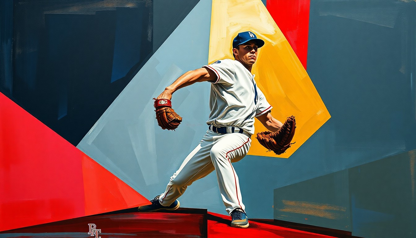 A fragmented, geometric painting depicting a baseball pitcher's motion, with sharp planes of navy, crimson, and gold colors conveying the raw power and energy of the sport.