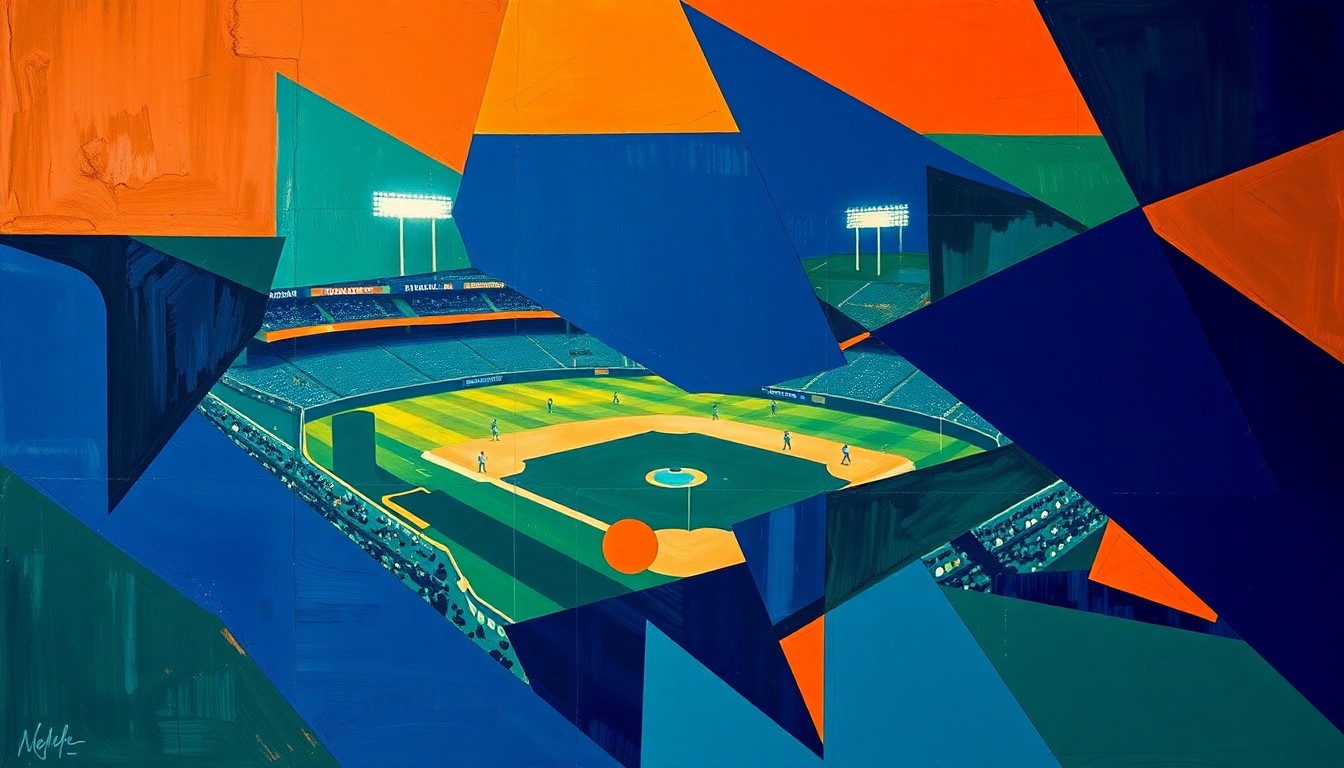 A cubist, geometric painting depicting a fragmented baseball game, with sharp, overlapping planes of navy, green, and orange, conveying the complex financial dynamics shaping the sport's franchise values.