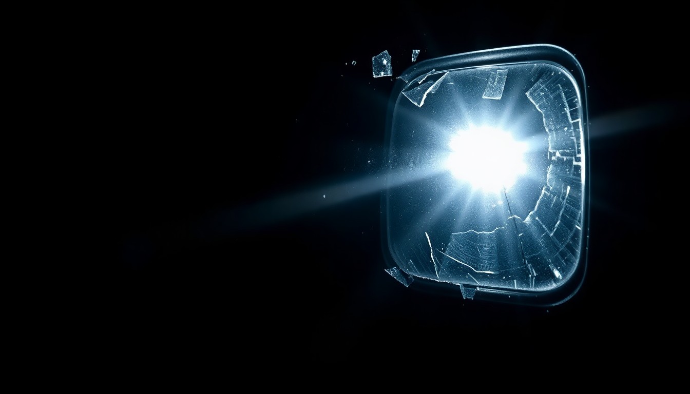 An extreme close-up photograph of a shattered side mirror from a pickup truck, lit by a harsh, direct camera flash against a pitch-black background, conceptually illustrating the gritty investigation into a fatal hit-and-run accident.