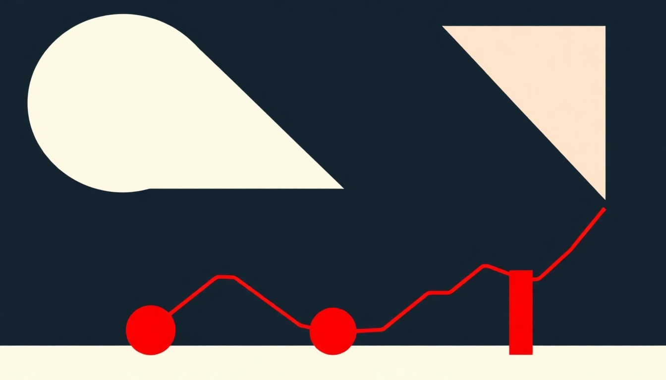A minimalist, abstract illustration featuring bold geometric shapes in primary colors, representing the complex and subjective interpretation of economic data.