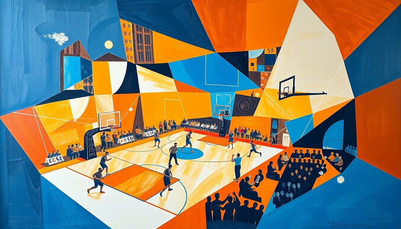 A cubist-style painting featuring overlapping geometric shapes and planes in shades of orange, blue, and white, capturing the dynamic and ever-changing nature of college basketball rosters.