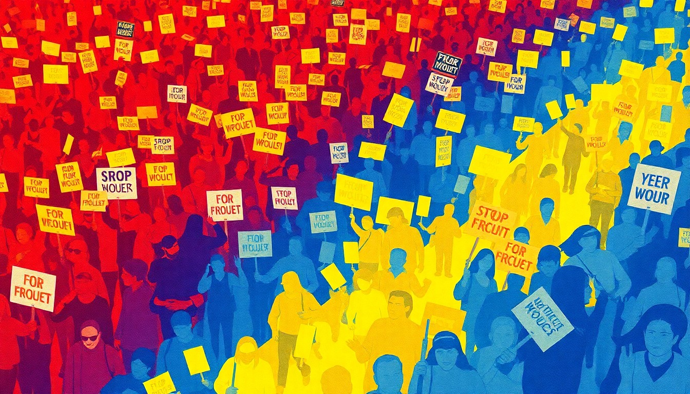 A dynamic, abstract painting of a large crowd of protesters marching, the figures repeated in overlapping, geometric waves of vibrant colors, conceptually representing the energy and unity of the nationwide 'No Kings' demonstrations.
