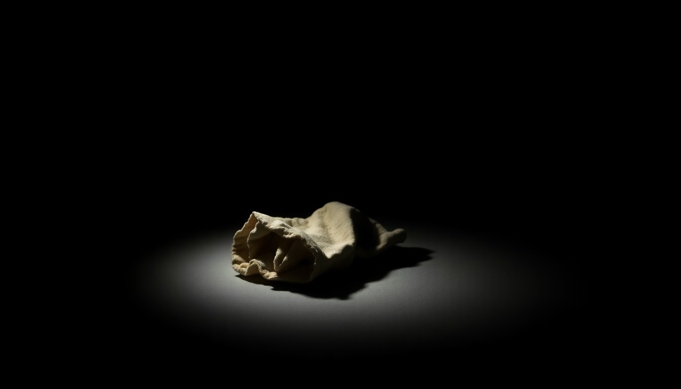 An extreme close-up photograph of a tattered piece of clothing or personal item from the Gilgo Beach crime scene, dramatically lit by a harsh flash against a dark background, conveying the gritty, investigative nature of this high-profile serial killer case.